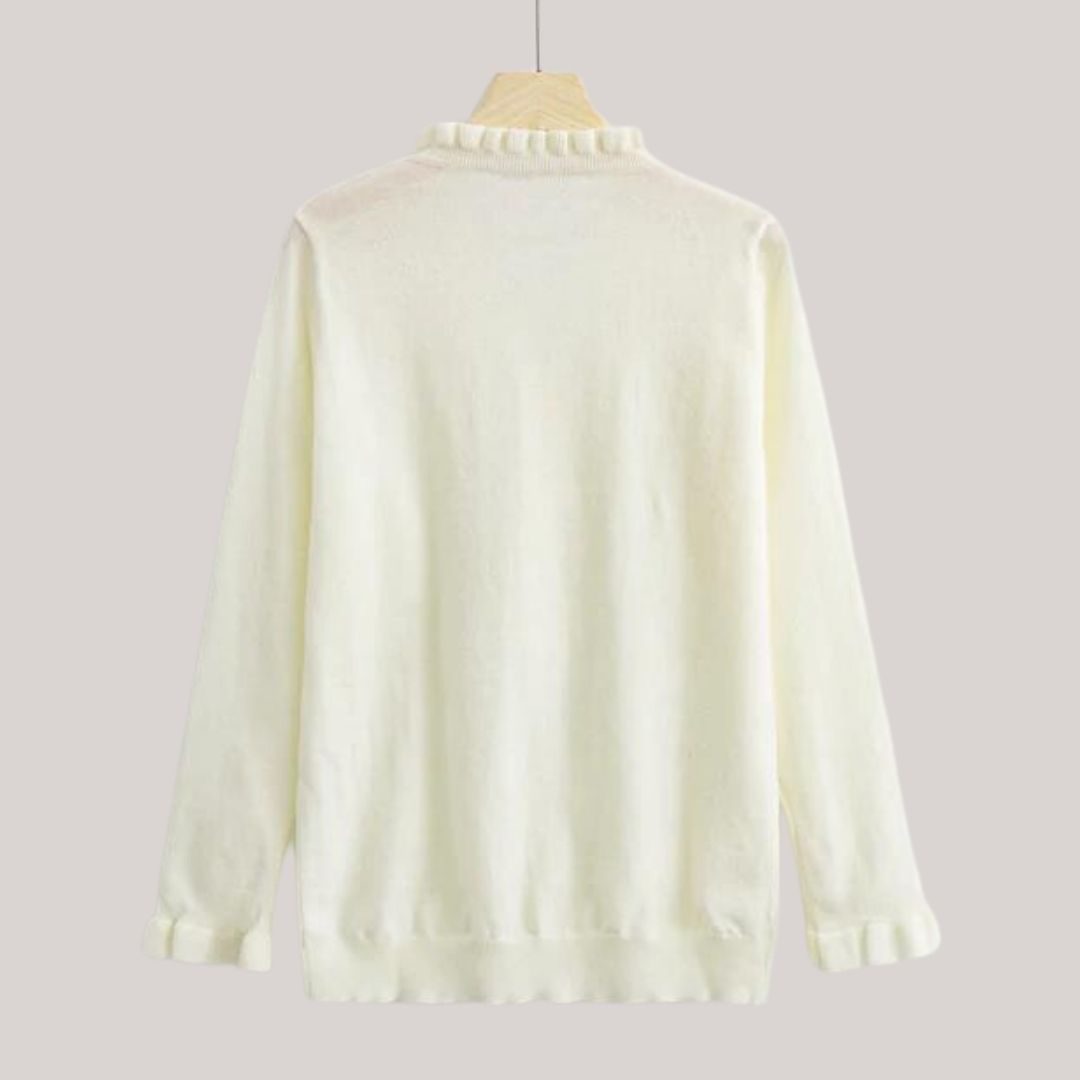 Dam Stickad Tröja med Ruffles Cirkulär Halsringning Mjuk Akryl-4