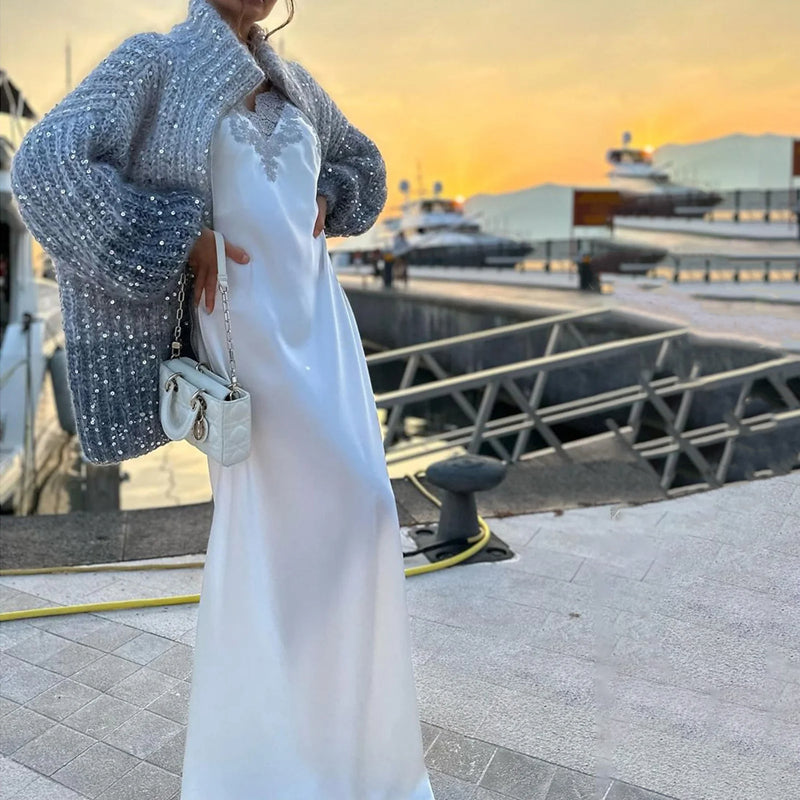 Damer Avslappnad Stickad Kofta Blandat Tyg-6