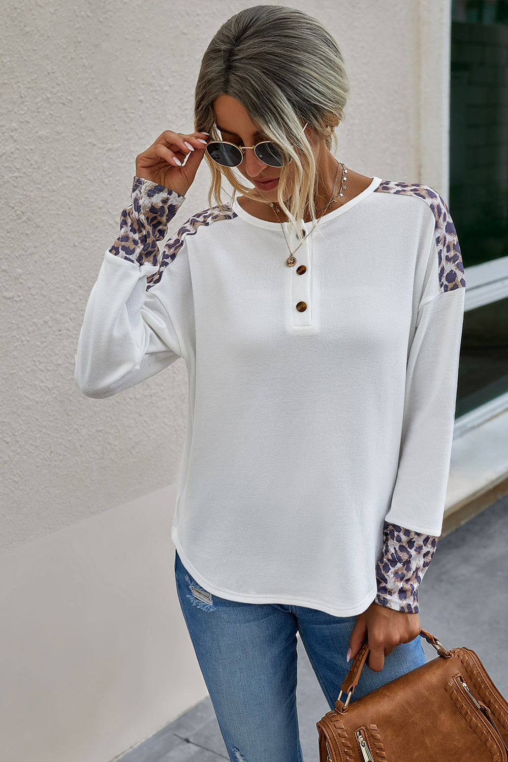 Dam Topp Leopardmönstrad Lång Ärmar Polyester-3