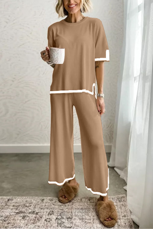 Variant image for Dam Loungewear Set Kortärmad Topp Bred Ben Byxor Bomull Polyester-9