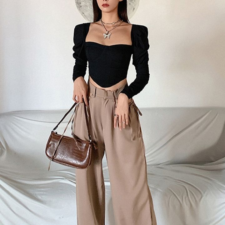 Dam Festtopp med Vinkelhalsring och Puffiga Ärmar i Polyester-5