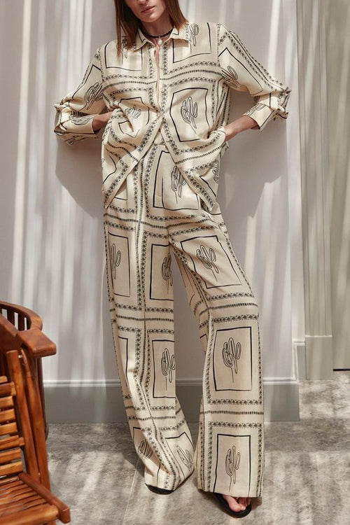 Dam Skjorta med Kaktustryck och Vida Byxor i Bomull och Polyester - Sommarkläder-5