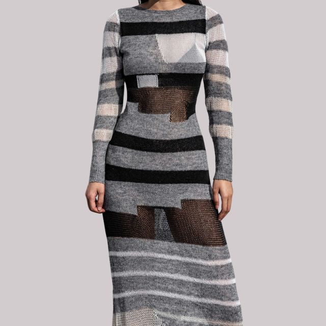 Dam Maxiklänning Randigt Mönster 100% Polyester Hög Midja-6