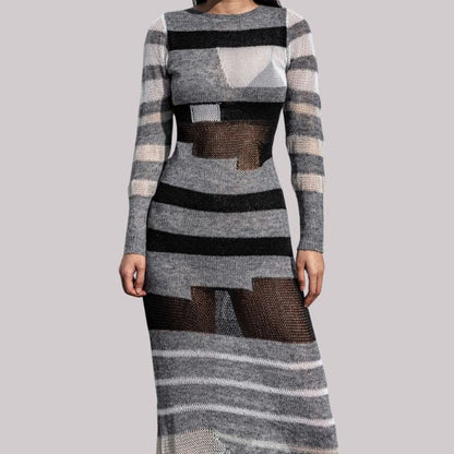 Dam Maxiklänning Randigt Mönster 100% Polyester Hög Midja-6