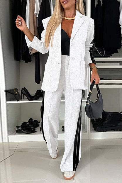 Dam Blazer Set Lapptäcktsdesign Bred Benformade Byxor Bomull Polyester-6