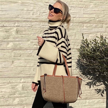 Stickad Dam Turtlenecktröja Randig Akryl med Lösa Sidoslitsar-2