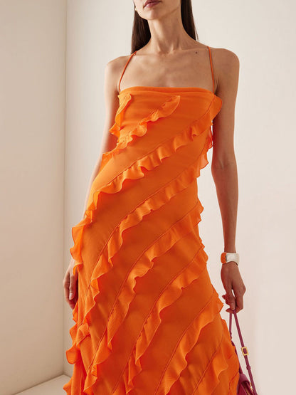 Dam Maxiklänning med Ruffles och Hög Slits i Polyester-3