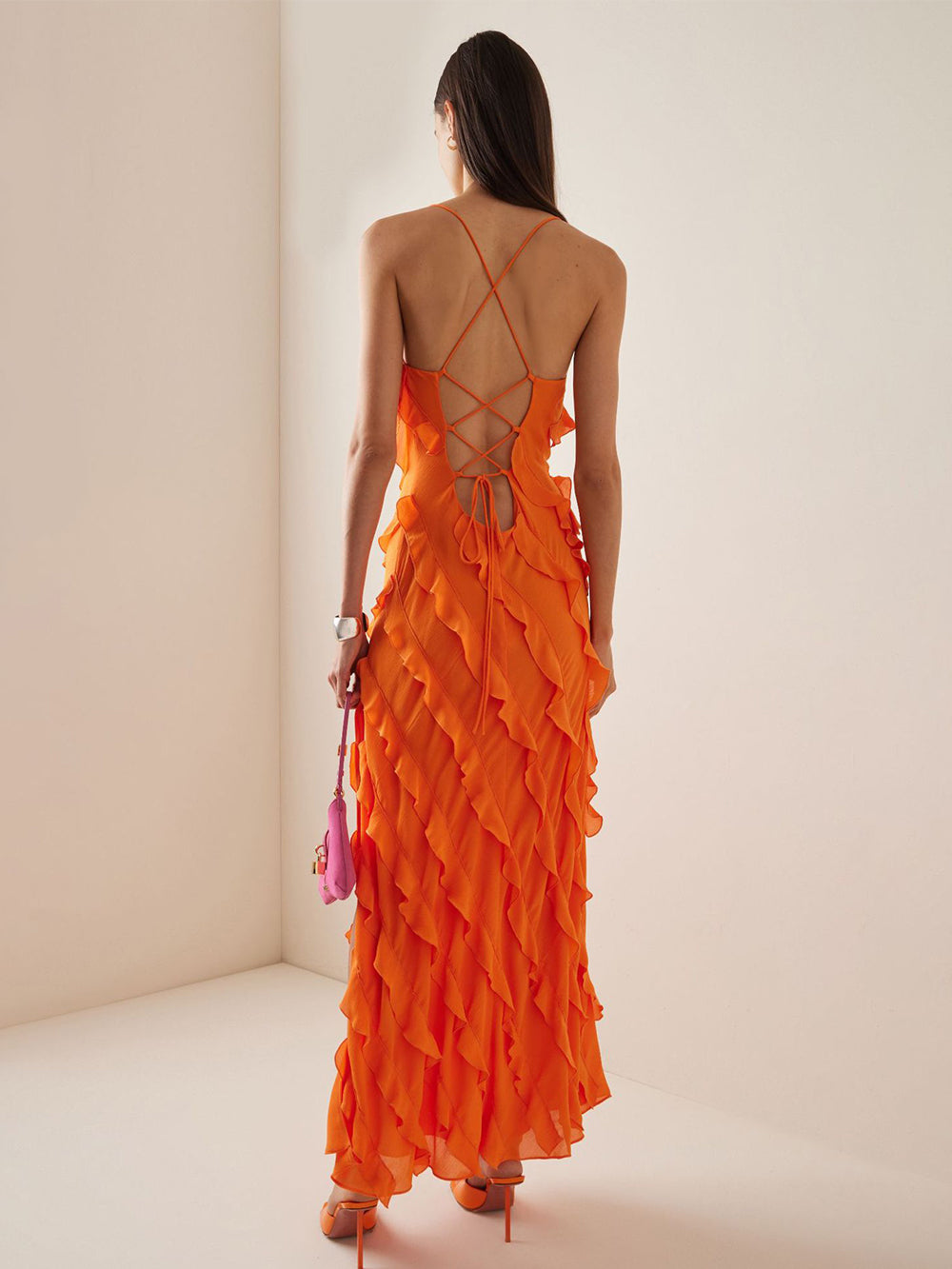 Dam Maxiklänning med Ruffles och Hög Slits i Polyester-2