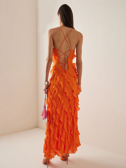 Dam Maxiklänning med Ruffles och Hög Slits i Polyester-2