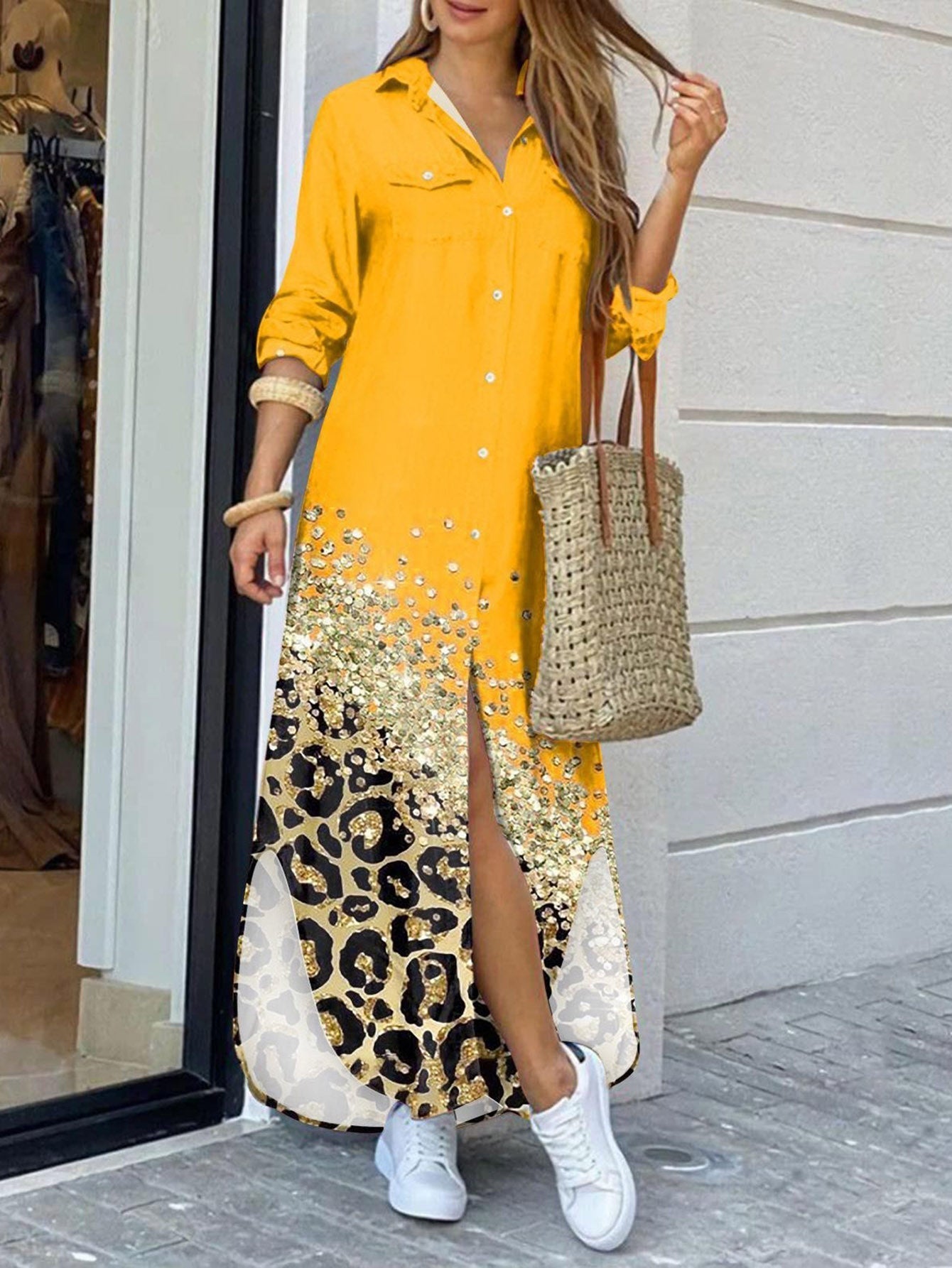 Damklänning Lång Ärmskjorta Leopardmönster Polyester-2