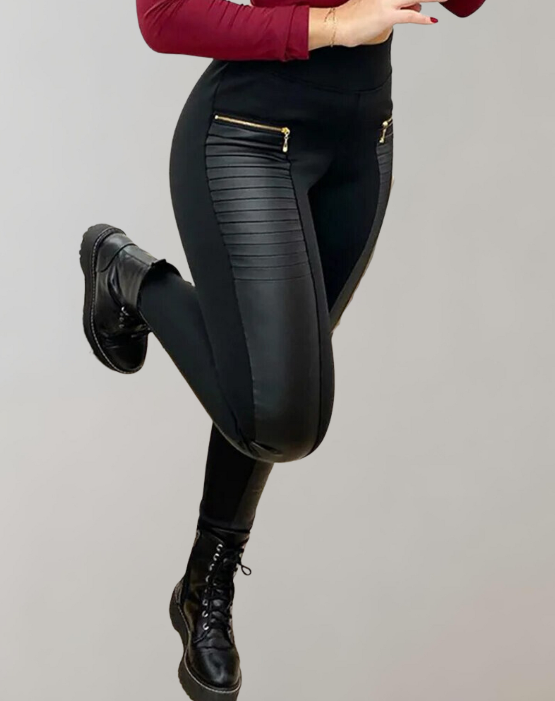 Dam Byxor Hög Midja PU-Läder med Kontrast och Blixtlås-2