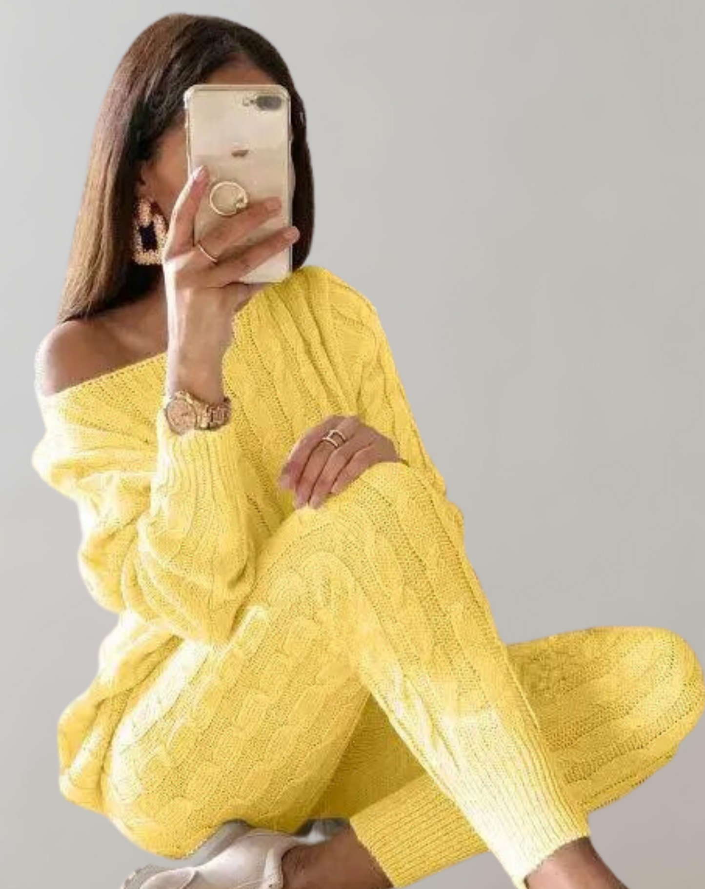 Dam Set Stickad Tröja och Bredbyxor Mjuk Akrylblandning-4