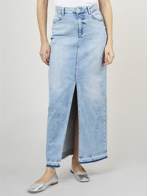 Kvinna Kjol Hög Midja Stretch Denim med Slits-1