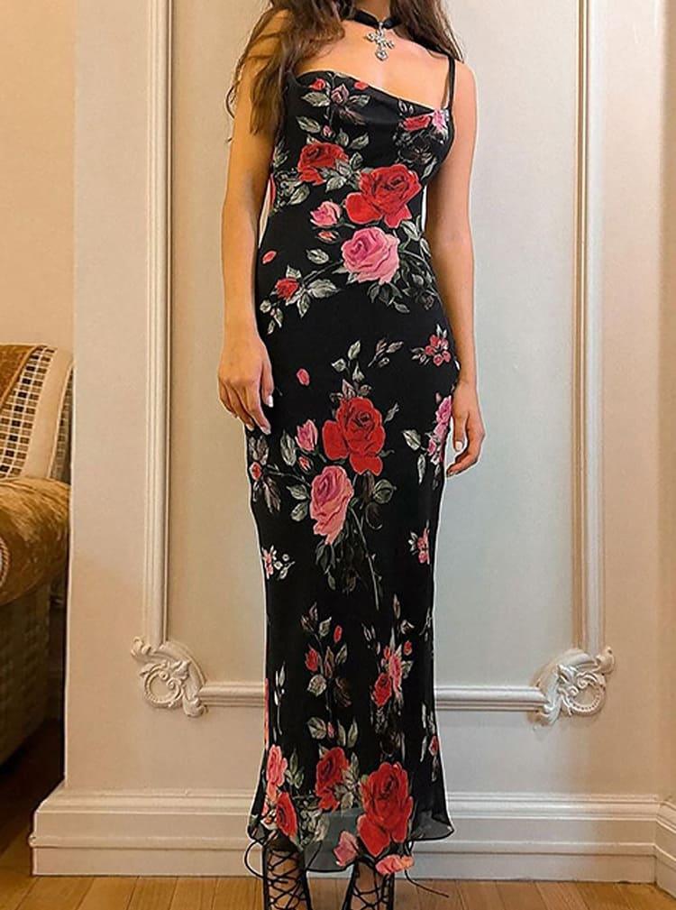 Dam Maxiklänning Blommig Satin Lång Ärm-1