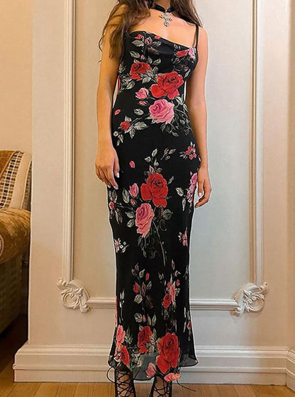 Dam Maxiklänning Blommig Satin Lång Ärm-1