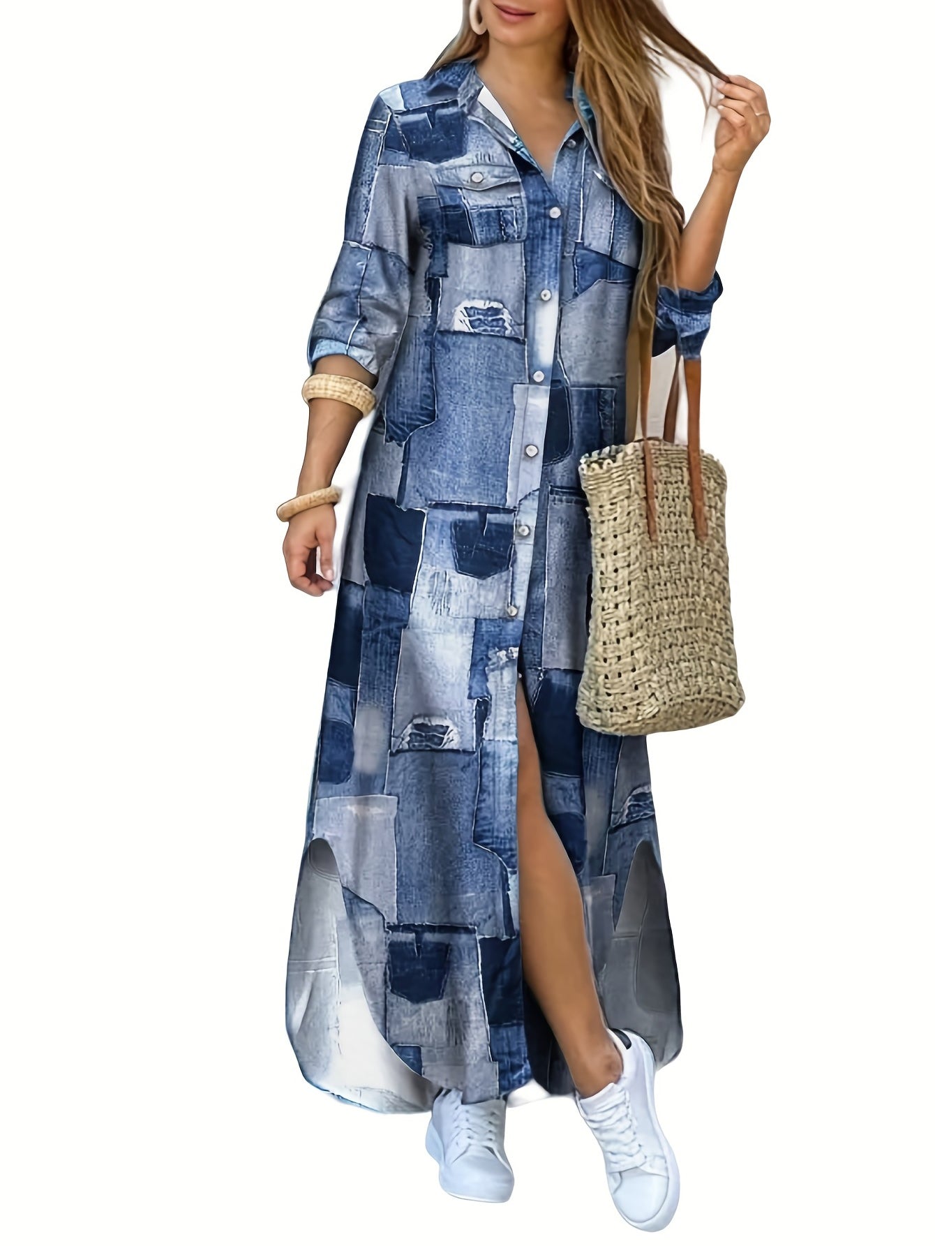 Dam Midi Klänning Asymmetrisk Patchwork Polyester för Vardag och Fest 5