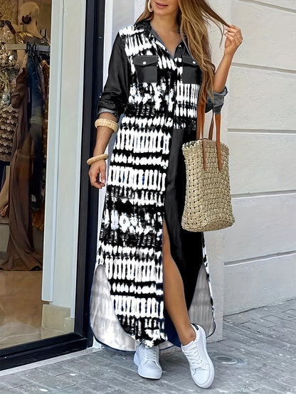 Damklänning med Skjortkrage och Långa Ärmar i Polyester Färgblock-1