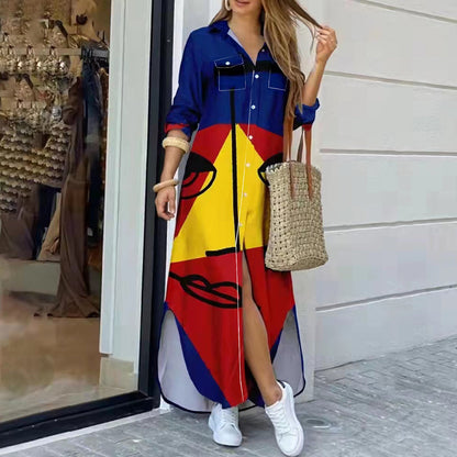 Variant image for Damklänning Lång Ärmskjorta Midi Polyester med Krage och Mönster-1