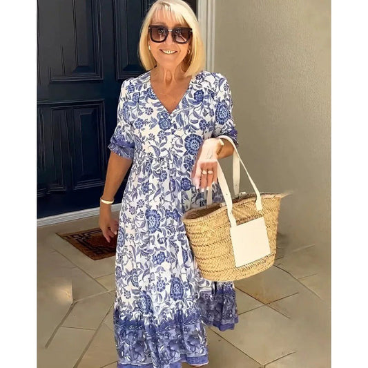Dam Maxiklänning Boho Blommönster Lätt Tyg Sommar-1
