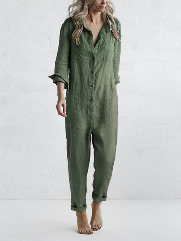 Dam Jumpsuit Långärmad 100% Bomull med Fickor-1