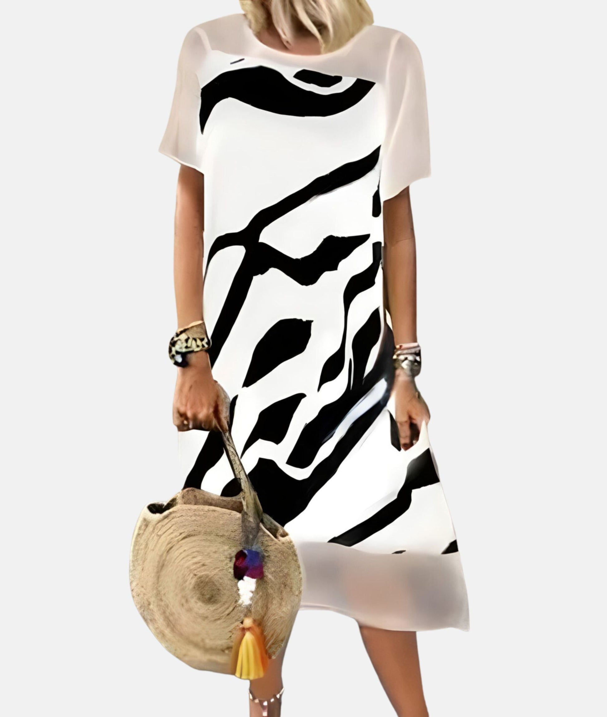 Abstrakt Damklänning i Bomullsblandning med V-Hals – Fina Damklänningar för Vår och Sommar, Svart/Röd/Vit 3