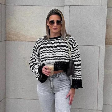 Variant image for Dam Tröja Beskuren Randig med Fransdetaljer i Bomull-1