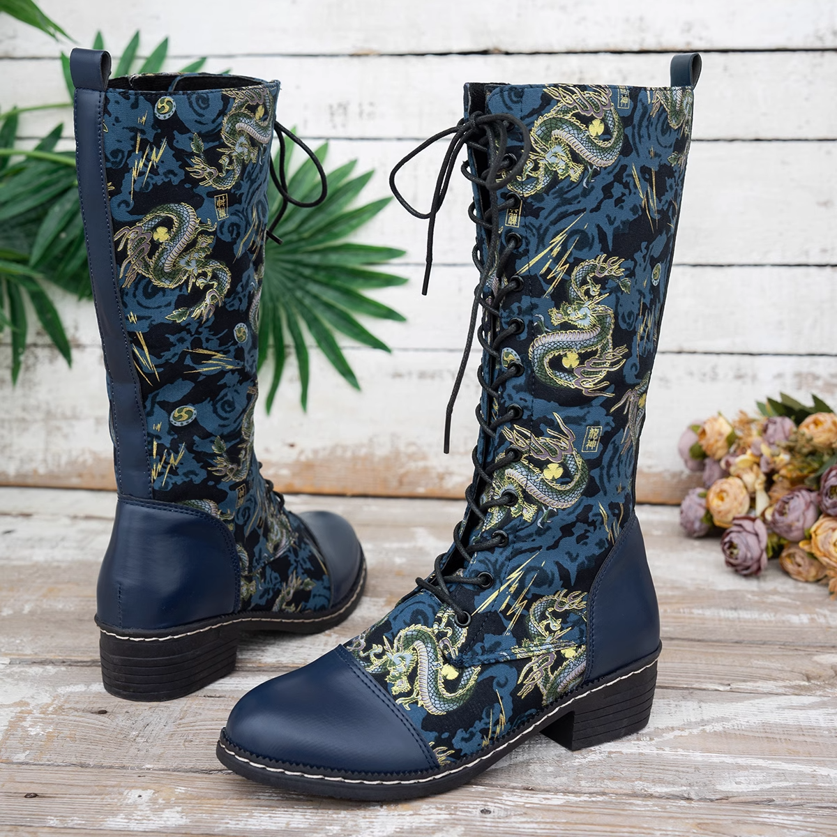 Variant image for Kvinnor Knähöga Stövlar Drakmönster Syntetiskt PU-1