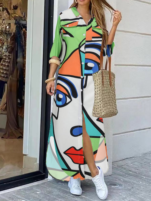 Dam Klänning Lång Ärmskjorta Mönstrad Polyester Loose Fit-1