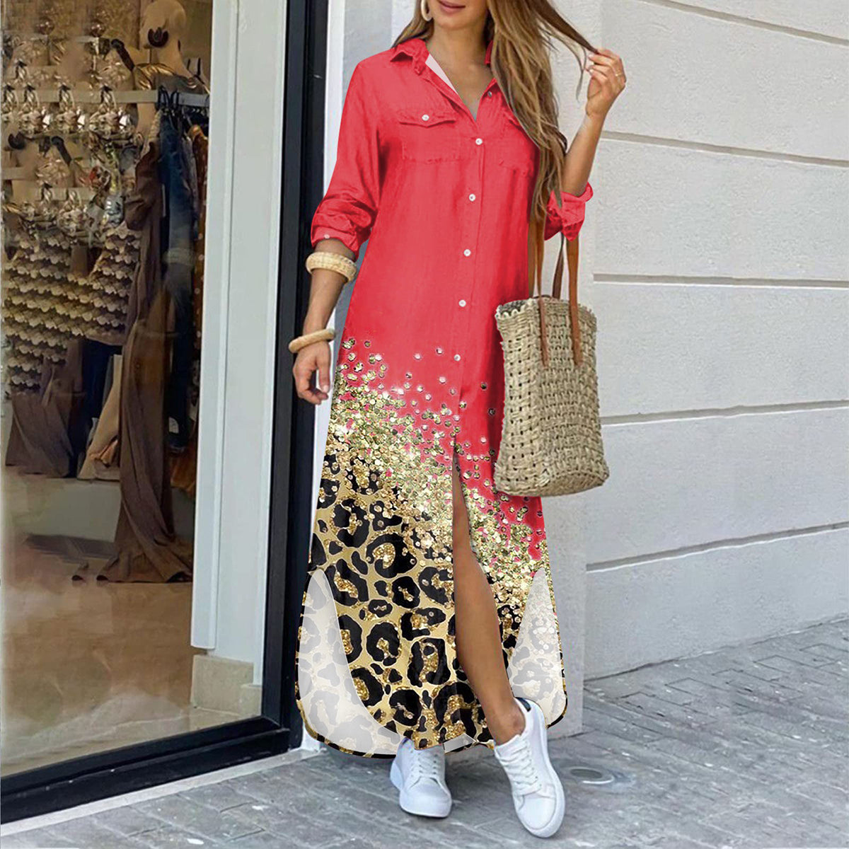 Variant image for Kvinna Lång Klänning Skjortstil Polyester Leopardmönster-1