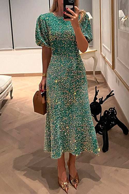 Festklänning Dam MIDI med Paljetter och Puffärmar i Bomull och Polyester-1