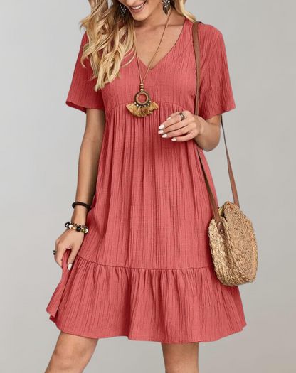 Kvinnor Miniklänning V-hals Rufflar Bomull Avslappnad Passform 2