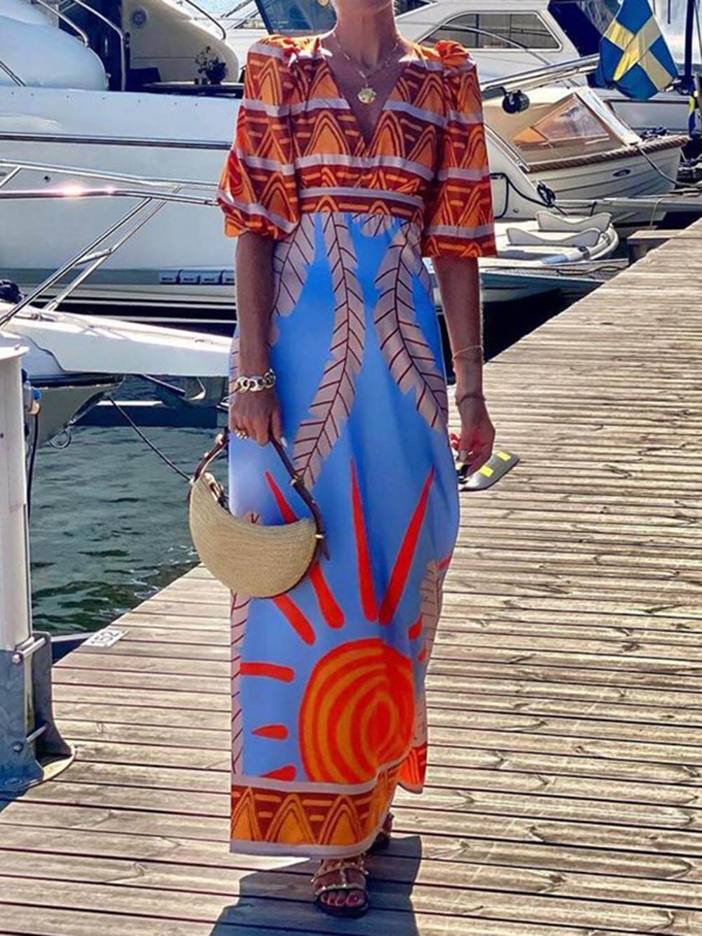 Dam Maxiklänning Boho-tryckning Lätt Polyester Maxilängd-1