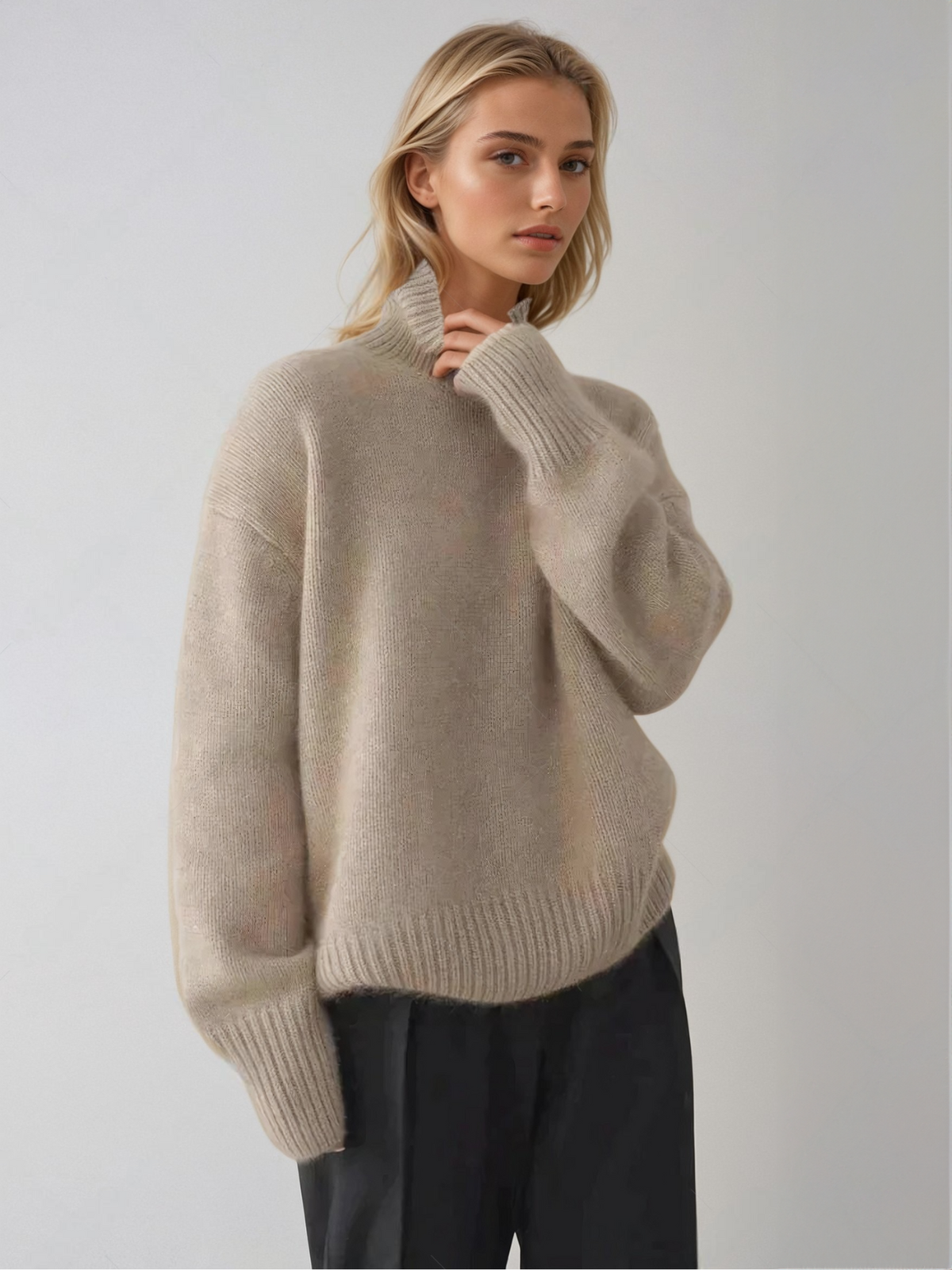 Stickad Dam Tröja Turtleneck Avslappnad Lyxig Tygkombination-4