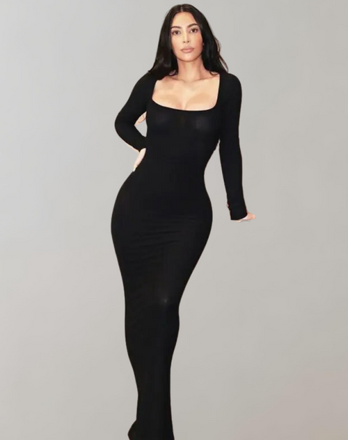 Maxiklänning Dam Ribbad Fyrkantig Hals Långärmad 100% Tyg-1