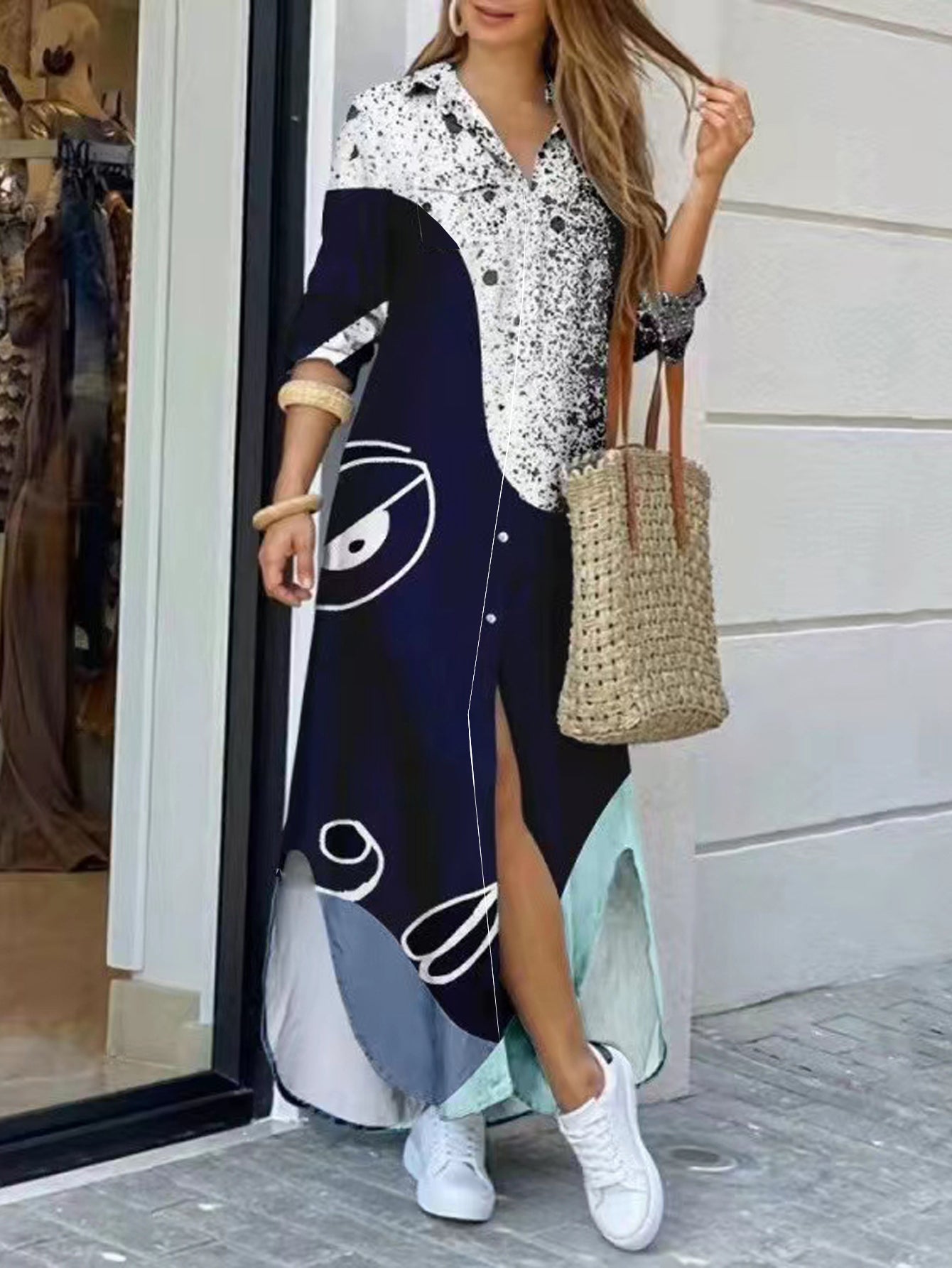 Damklänning Lång Ärmskjorta Midi Mönster Polyester-1