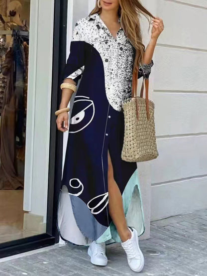 Damklänning Lång Ärmskjorta Midi Mönster Polyester-2