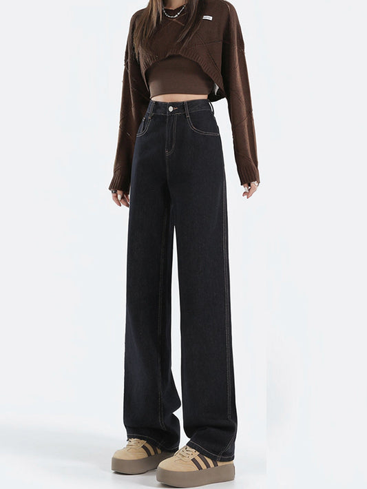 Kvinnors Löst Högmidjade Denimbyxor Golvlängd Bomull-1