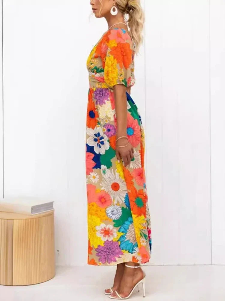 Dam Sommarklänning V-ringning Blommigt Tryck Lätt Polyester-4