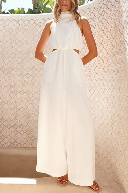 Dam Jumpsuit Utan Ärmar, Bred Ben, Bindande Krage, Bomull Polyester, Modern och Chic Outfit 7