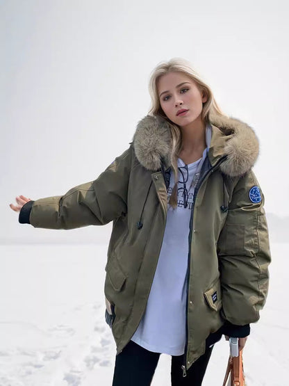 Dam Parkas Löst Snitt med Pälskrage i Polyester och Bomull-4