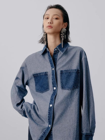 Dam Skjorta Färgblock Denim Lapptäcktsdesign-1