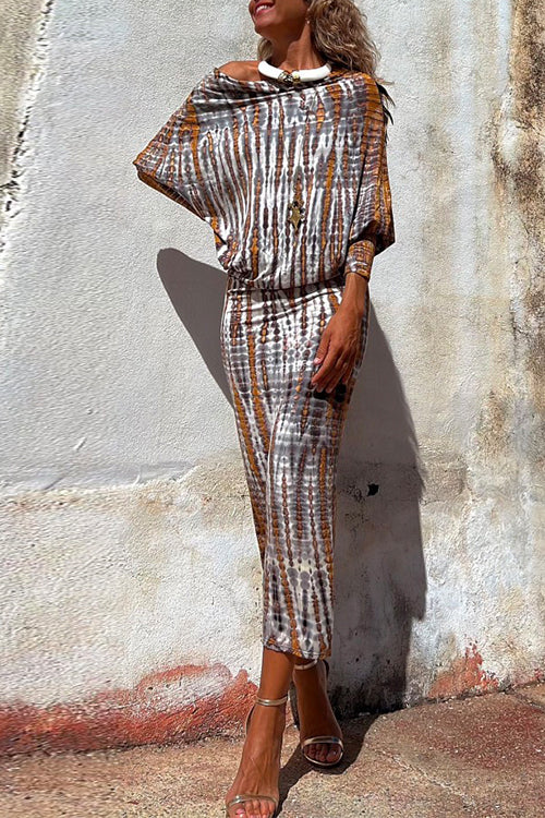 Dam Midi Klänning Batwing-Ärmar Batik Mjuk Bomull Polyester-1