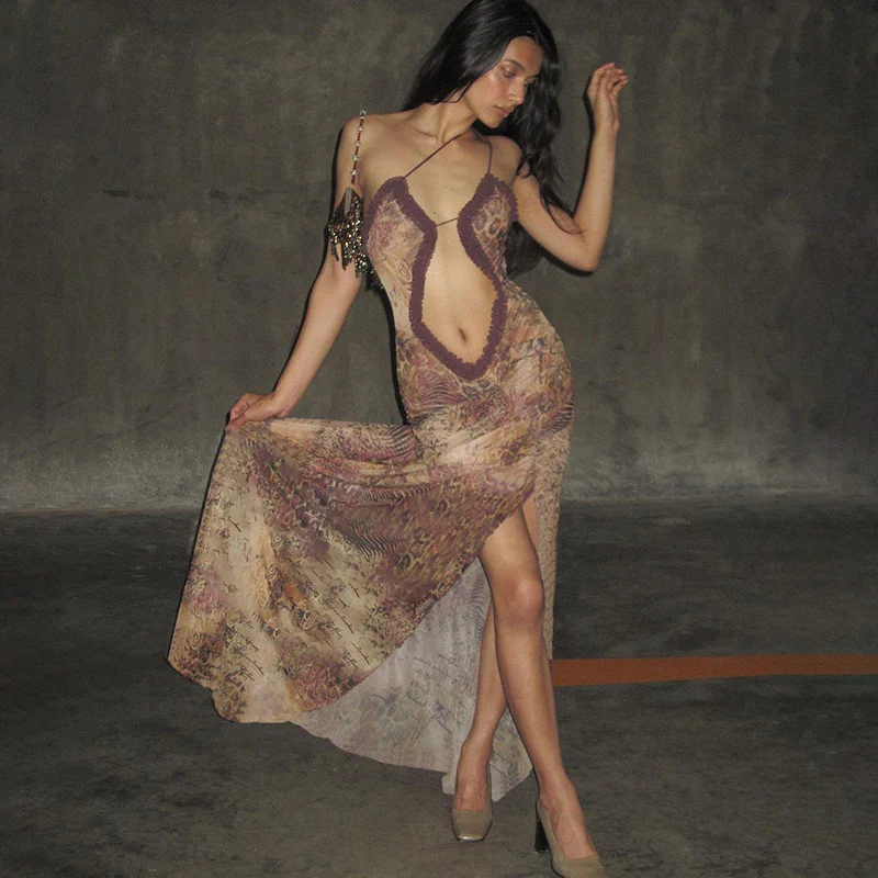 Maxiklänning Dam Leopardtryck Justerbara Remmar Polyester-2