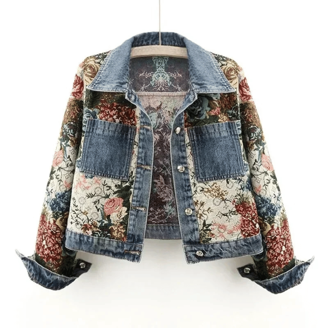 Blommönstrad Denimjacka för Kvinnor i Wolff-Fabric med Traditionell Krage och Praktiska Fickor 1