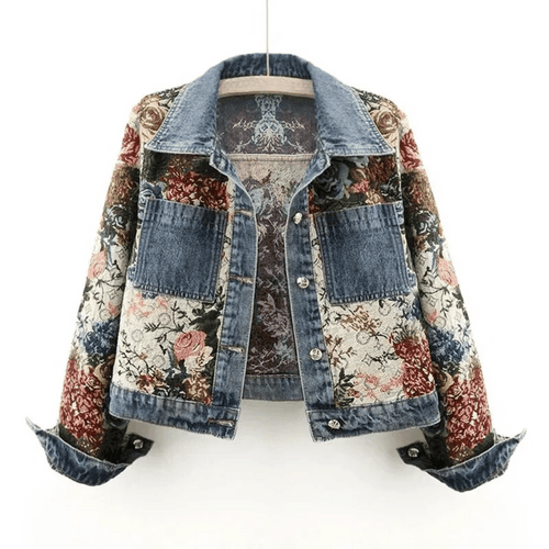 Blommönstrad Denimjacka för Kvinnor i Wolff-Fabric med Traditionell Krage och Praktiska Fickor 1