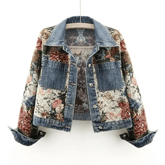 Blommönstrad Denimjacka för Kvinnor i Wolff-Fabric med Traditionell Krage och Praktiska Fickor 1