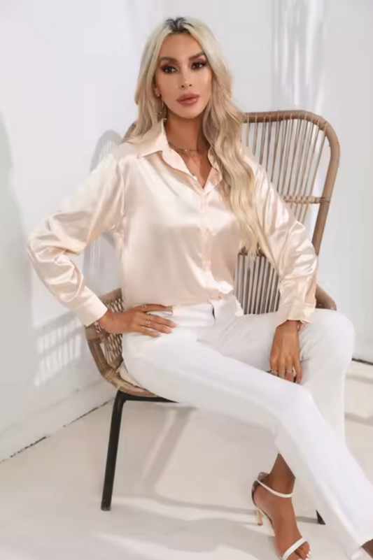 Dam Blus Långärmad Satin Elegant V-Ringning-1