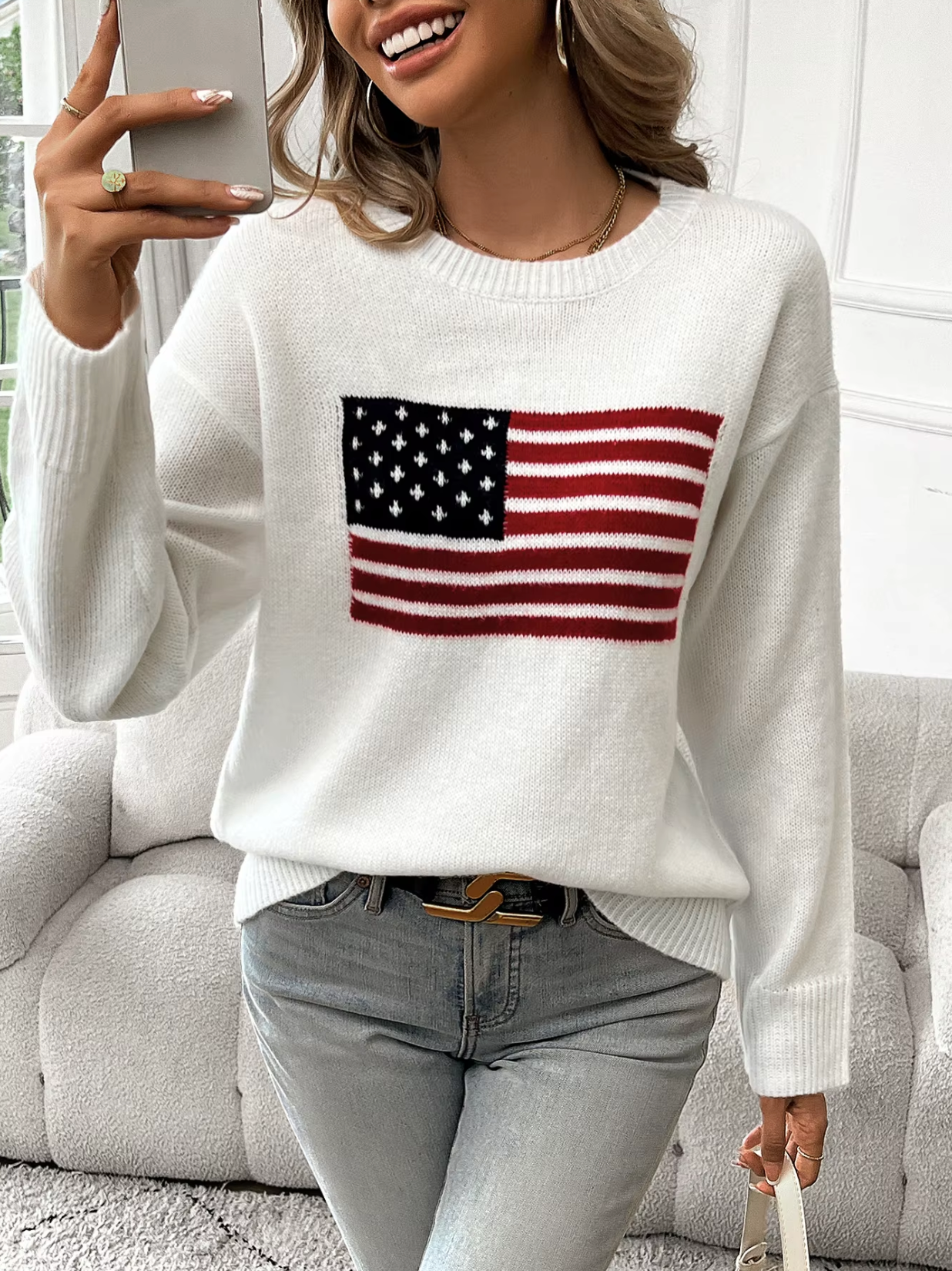 Dam Tröja Rund Hals Mjuk Bomull Amerikansk Flagga-2