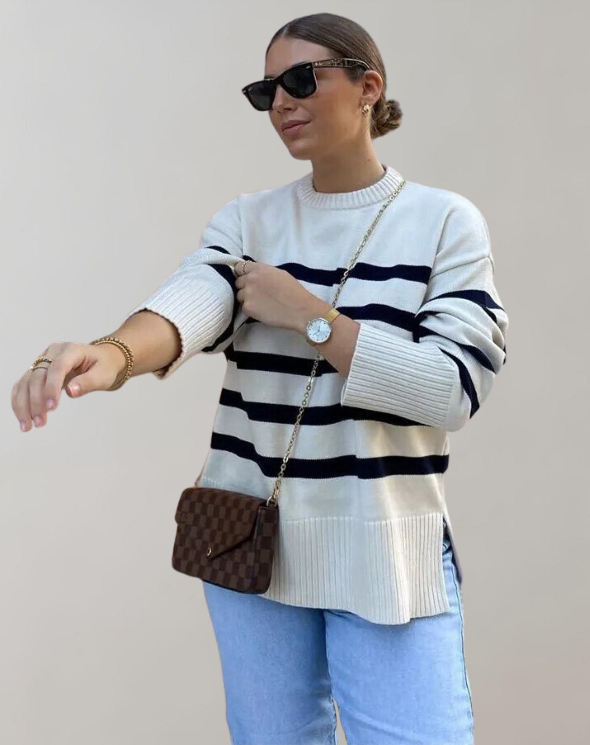 Dam Stickad Tröja Överdimensionerad Randig Tjockt Material-2