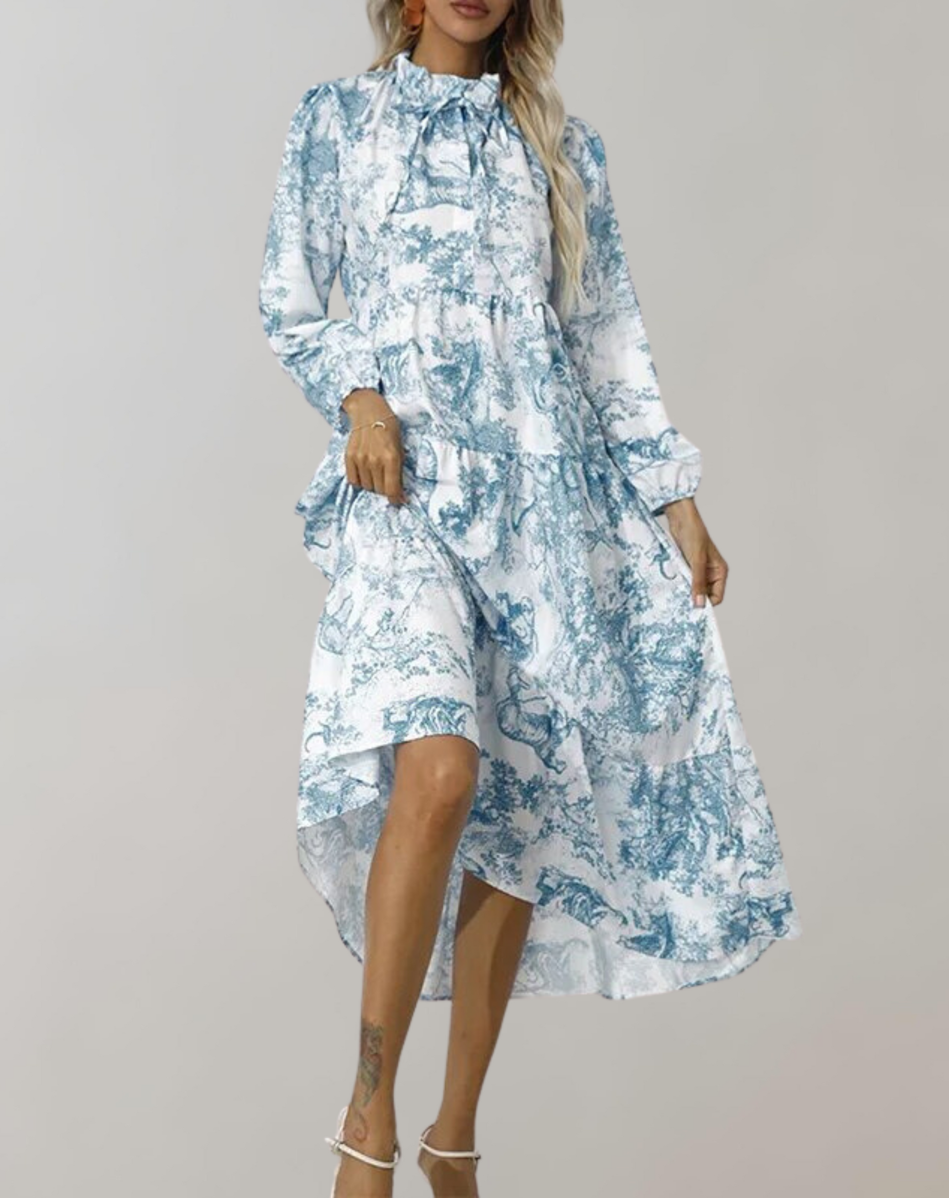 Kvinnlig Midi Klänning Blommönster Polyester Långa Ärmar-3